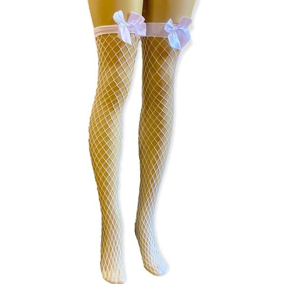 White Fishnet With Satin Bow Topper Above Knee Legwear Fishnet Stockings NEW - Picture 1 of 3